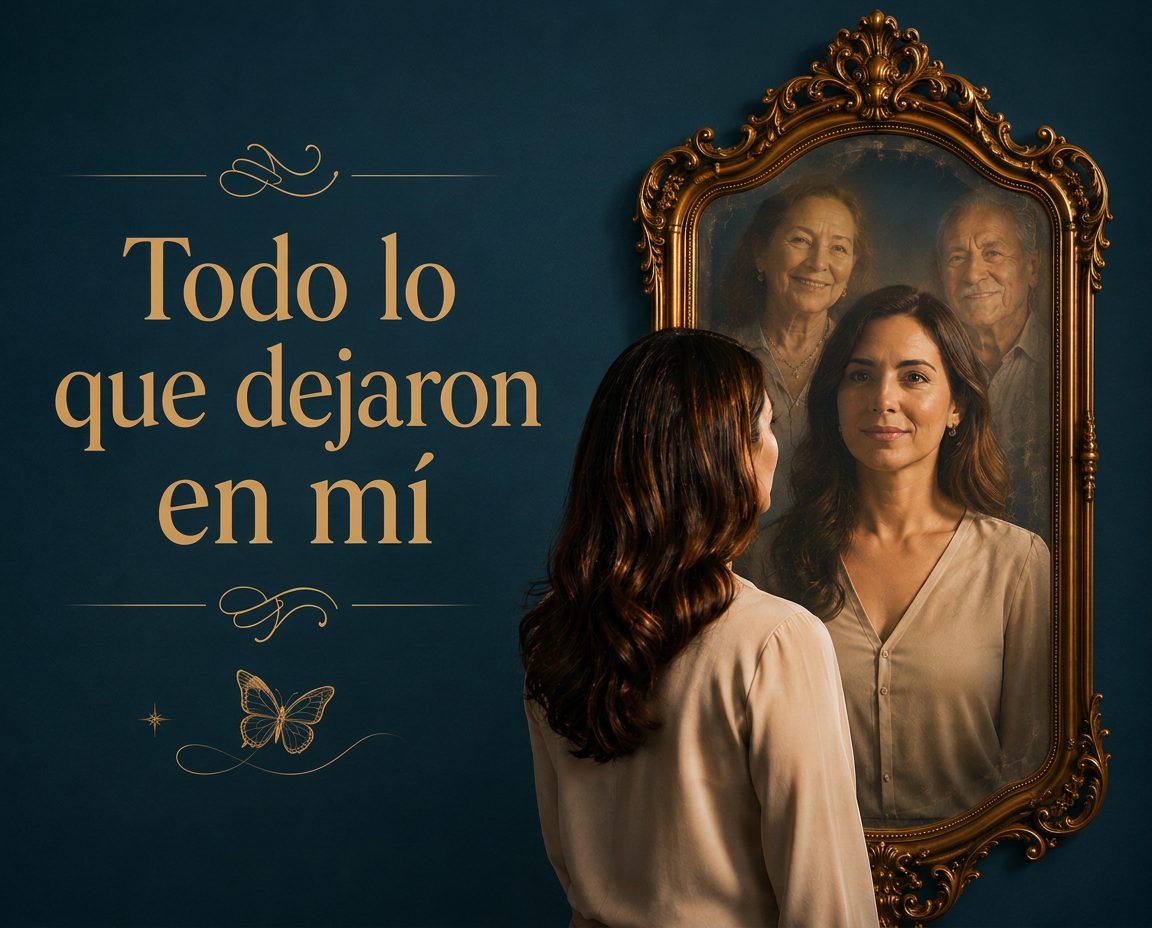 Mujer frente a un espejo dorado donde aparecen su madre y su padre